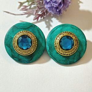 Vintage Green & Gold Acrylic Crystal Statement Earrings Clip-on Earrings
